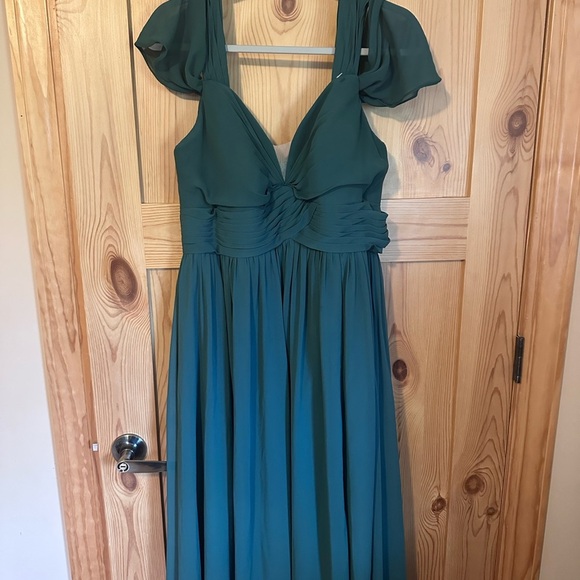 Azazie Peacock A-Line Off the Shoulder Stretch Satin Dress Size Large‎ - Picture 3 of 9